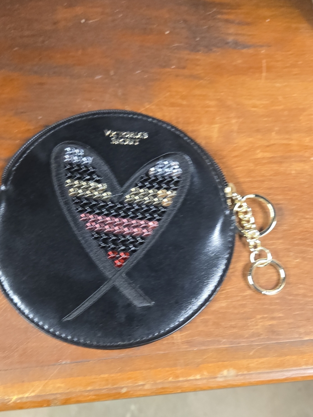 Victoria's Secret Black Round Coin Purse with Multicolor Sequin Heart